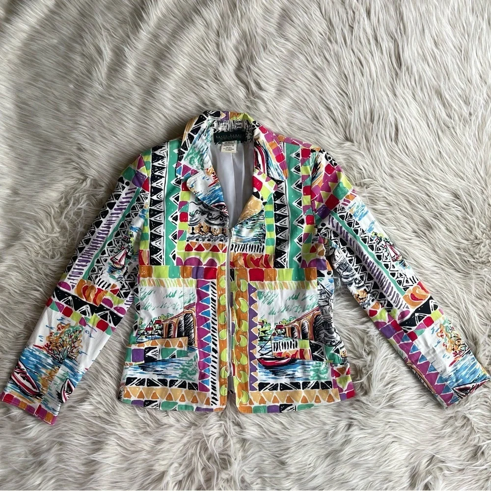 HARVE BENARD by BENARD HOLTZMAN Multi Prints Zip Blazer Jacket 10 Long Sleeves